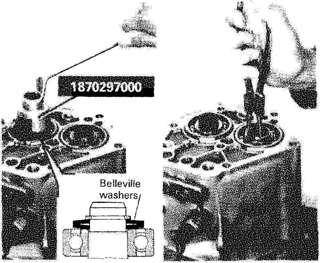Tool 1870297000 being used on the gearbox; an inset diagram shows the arrangement of Belleville washers. A hand uses pliers to fit a component on the right side of the assembly.