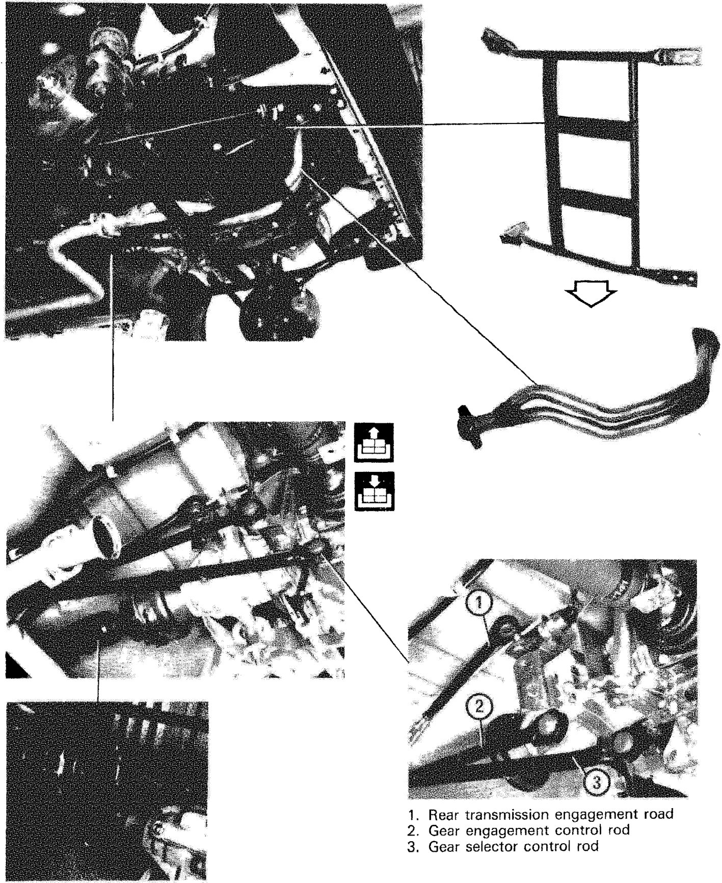 Diagram showing the undercarriage components of the Panda 4x4, including the exhaust system, transmission assembly, and control rods. Numbered callouts identify specific parts in a close-up view.