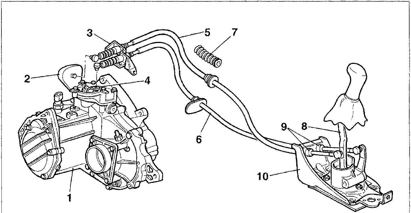 Diagram of the gearbox control assembly showing the manual gearbox, gear engagement and selection levers, control cables with heat shield, and the gear lever mount on the tunnel.