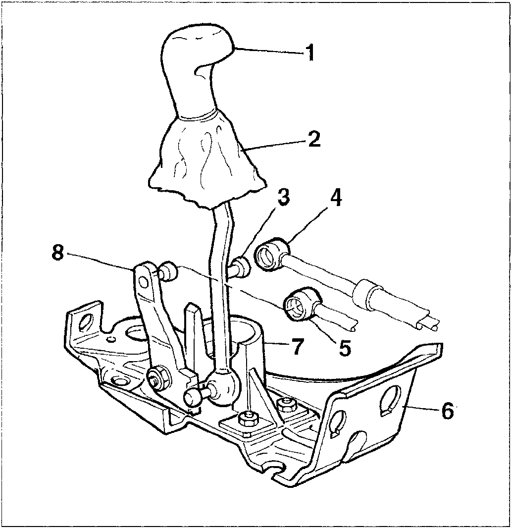 Diagram of the gearbox control device assembly showing the gear lever, cables, and mounting bracket with numbered callouts 1 through 8.