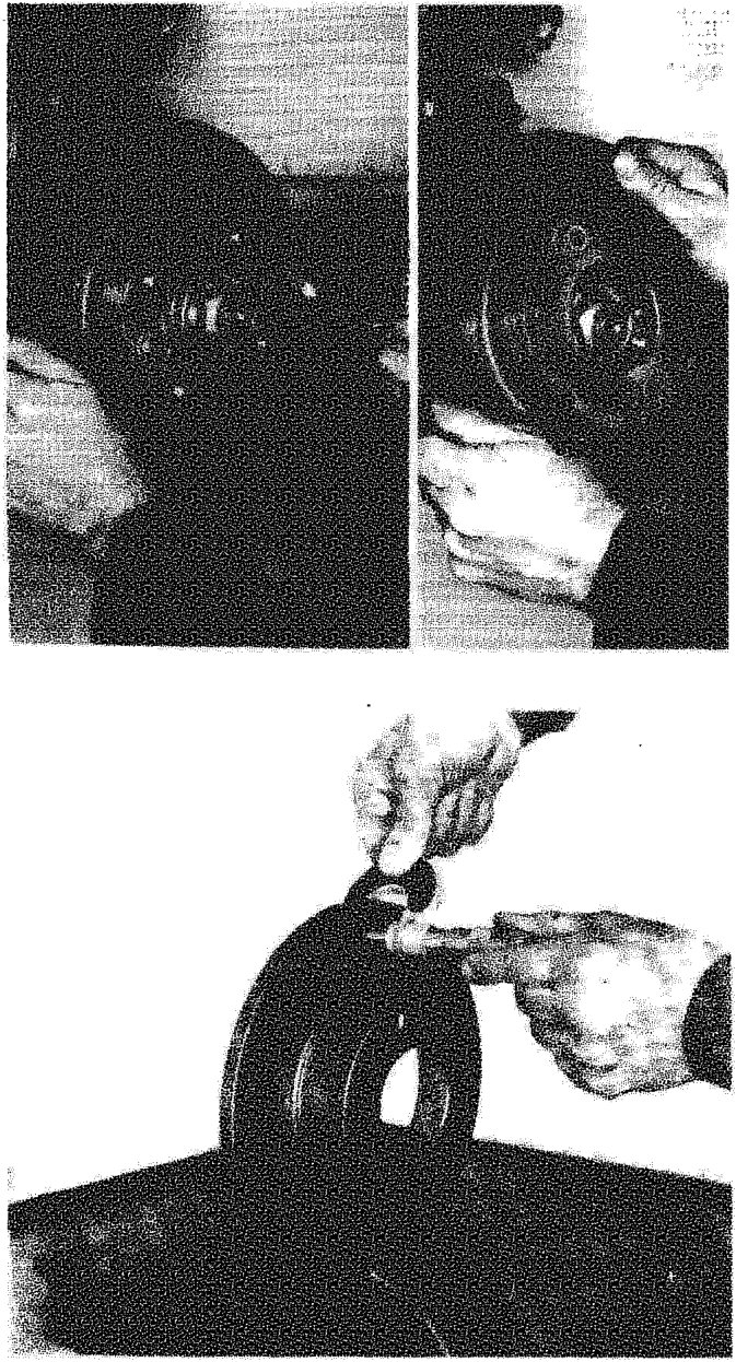 Two photographs showing hands working on a brake disc and hub assembly