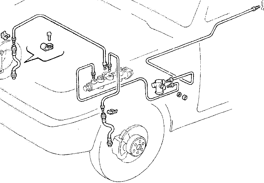 Line drawing of the front section of a car showing the hydraulic braking system layout, including pipes, calipers, and the master cylinder area.