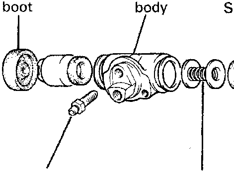 Exploded view of the wheel cylinder components including boots, body, pistons, and bleed screw