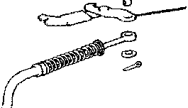 Exploded diagram of handbrake components including control lever, shoe control lever, toothed sector, release button, inner and outer cable, and cable mounting bracket.