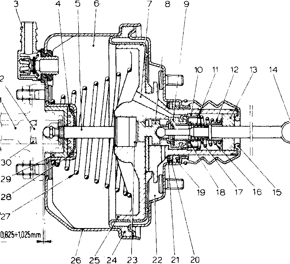 Technical diagram showing the longitudinal section of the servo brake and master cylinder with numbered callouts
