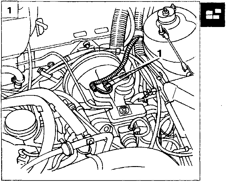 Diagram showing the brake fluid reservoir and connections in the engine compartment, with callout number 1 pointing to a connection on the reservoir.