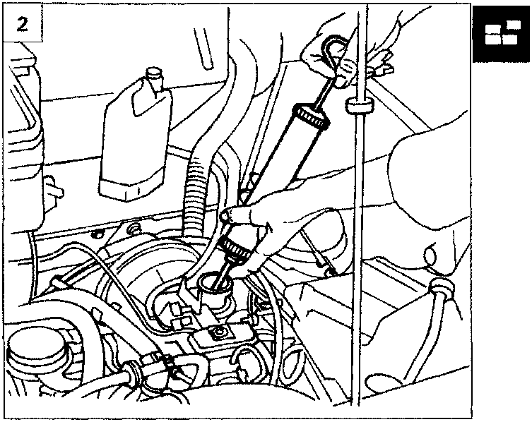 Diagram showing a hand using a special syringe to drain brake fluid from the reservoir.