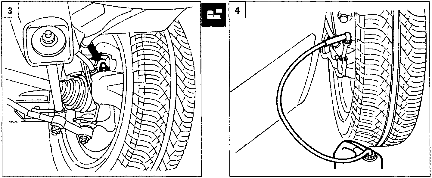 Diagram of the front wheel suspension area showing a brake line connection point indicated by an arrow.