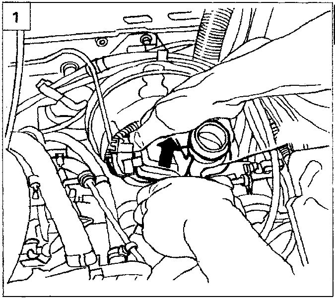 Diagram showing hands removing the brake fluid reservoir from the engine compartment
