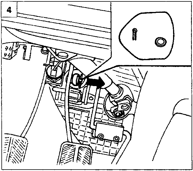Diagram showing the extraction of the split pin releasing the brake servo push rod from the pedal assembly
