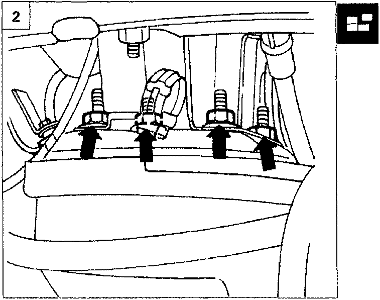 Diagram showing four nuts fixing the brake servo with arrows pointing to them