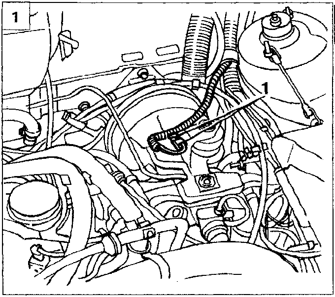 Engine compartment diagram showing vacuum hose routing and connections