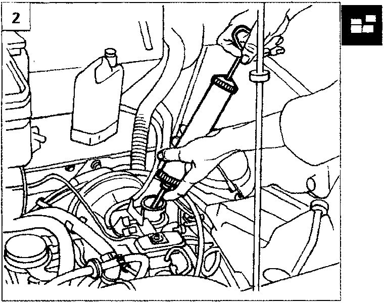 Illustrates engine oil change using funnel and container
