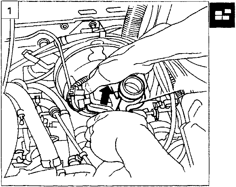 Diagram showing hands removing the brake fluid reservoir from the engine compartment