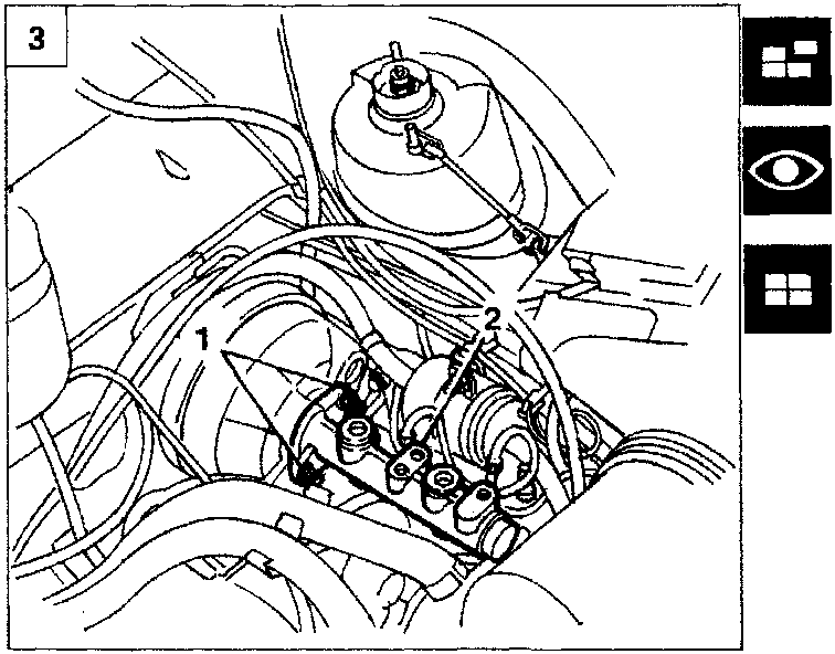 Diagram showing fixing nuts (1) and the brake pump (2) on the brake servo assembly