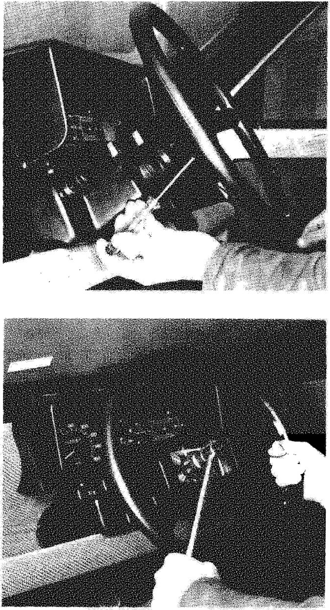 Two photographs showing hands using tools to remove components from the steering column and dashboard area.