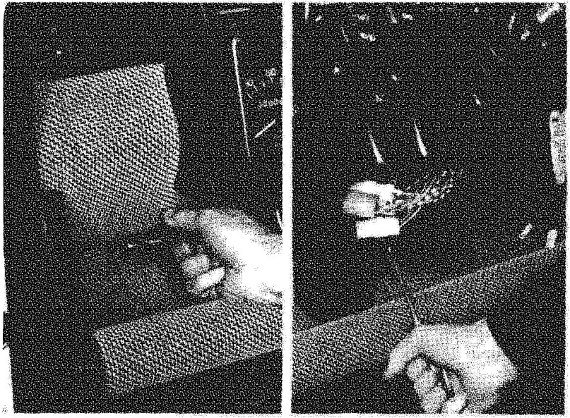 Two photographs showing a hand removing a textured fabric storage pocket from the lower dashboard area, and a view of the exposed wiring and mounting points behind it.