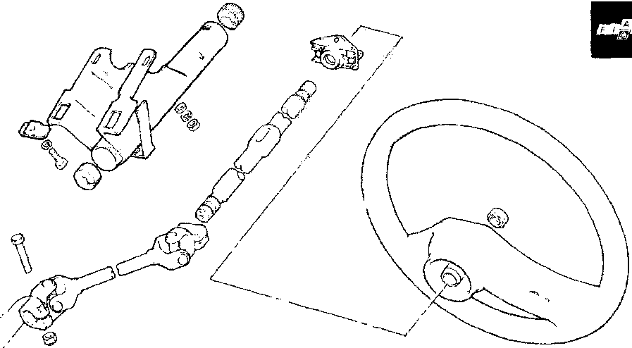 Exploded view of the steering column components including the steering wheel, column housing, and shafts