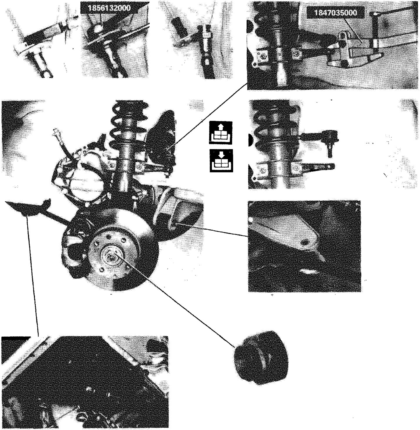 Diagram of front suspension assembly showing removal of components including constant velocity joint, tie rod end, brake disc, and shock absorber mount. Part numbers 1856132000 and 1847035000 are visible in callout boxes. Directional arrows indicate movement for disassembly.