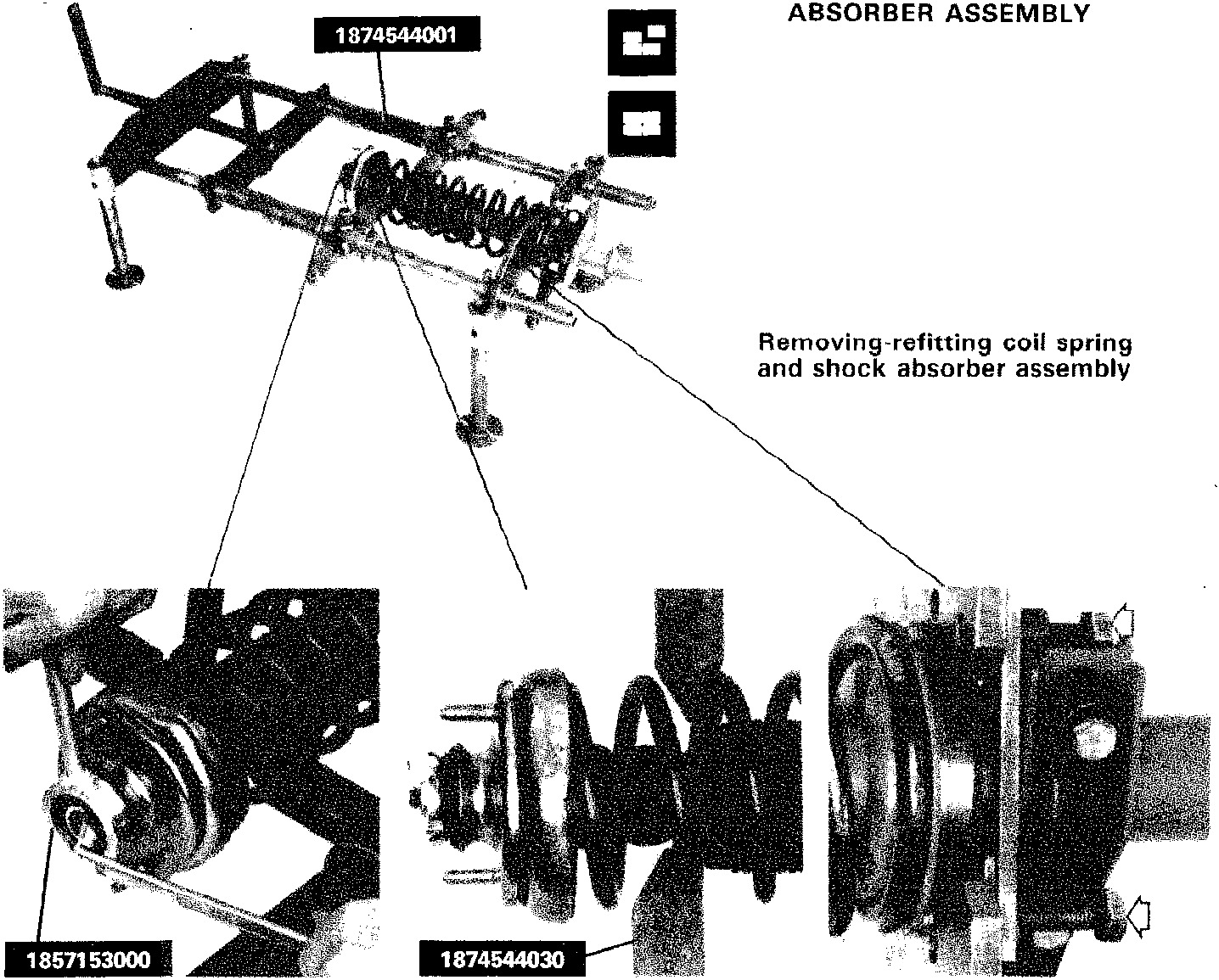 Diagram showing the removal and refitting of the coil spring and shock absorber assembly, with part numbers 1874544001, 1857153000, and 1874544030 indicated.