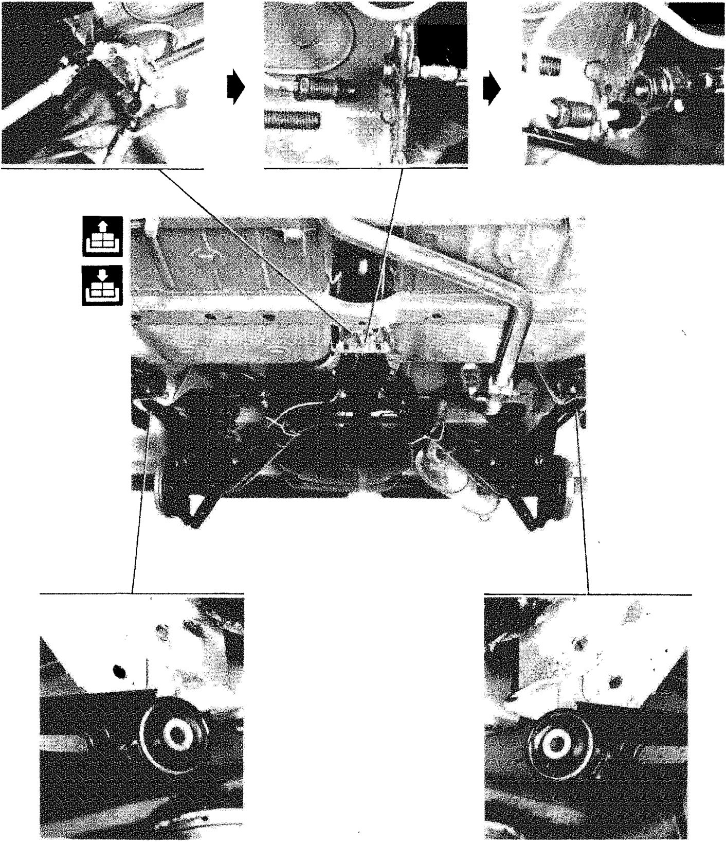 Diagram showing the rear suspension assembly with callout images detailing the shock absorber mounting, axle connections, and suspension link bushings.