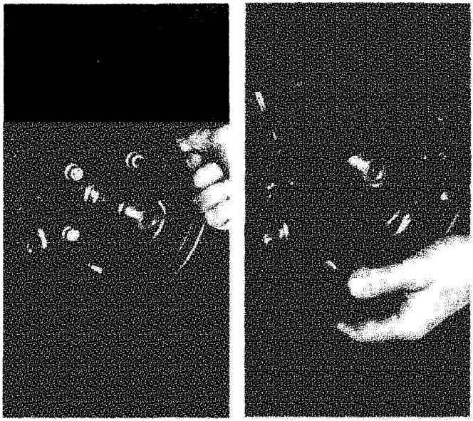 Two views showing hands removing and refitting the brake back plate from the wheel hub