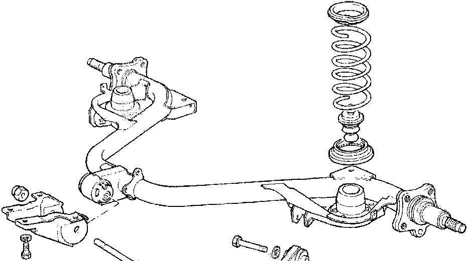 An exploded view diagram of the rear suspension unit showing the trailing arm, coil spring, shock absorber, and associated mounting hardware.