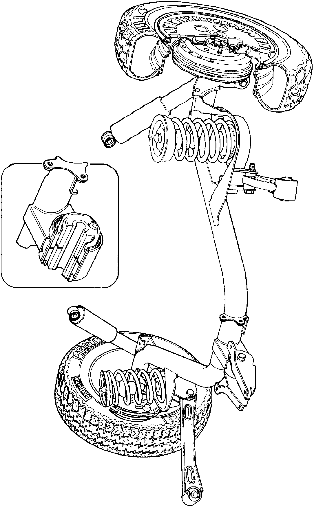 Technical line drawing of the rear suspension unit, showing the wheel, brake assembly, coil spring, shock absorber, and trailing arm. A detailed inset shows the brake caliper. The caption 'Rear suspension unit' is printed vertically along the right edge.