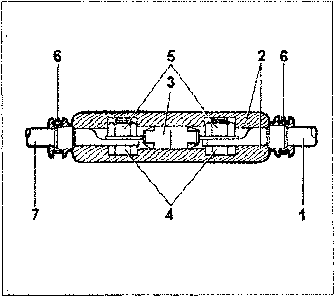 Diagram of a fuse container assembly showing numbered parts 1 through 7, including nuts, bolts, collars, and the fuse itself.