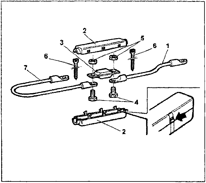 Exploded diagram of the fuse container assembly showing individual components including connection leads, container halves, nuts, bolts, and collars, labeled with numbers 1 through 7.
