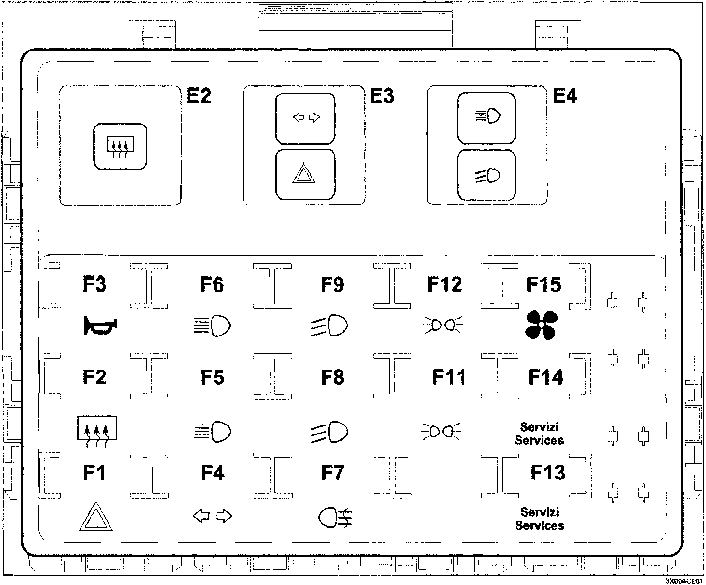 Diagram of the junction unit showing fuse and relay locations labeled F1 through F15 and E2, E3, E4 with corresponding symbols for horn, rear window heater, turn signals, hazard lights, dipped/main beam, fog lights, cooling fan, and services.