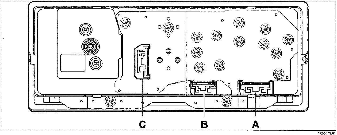 Rear view of the instrument panel showing connectors labeled C, B, and A along the bottom edge.