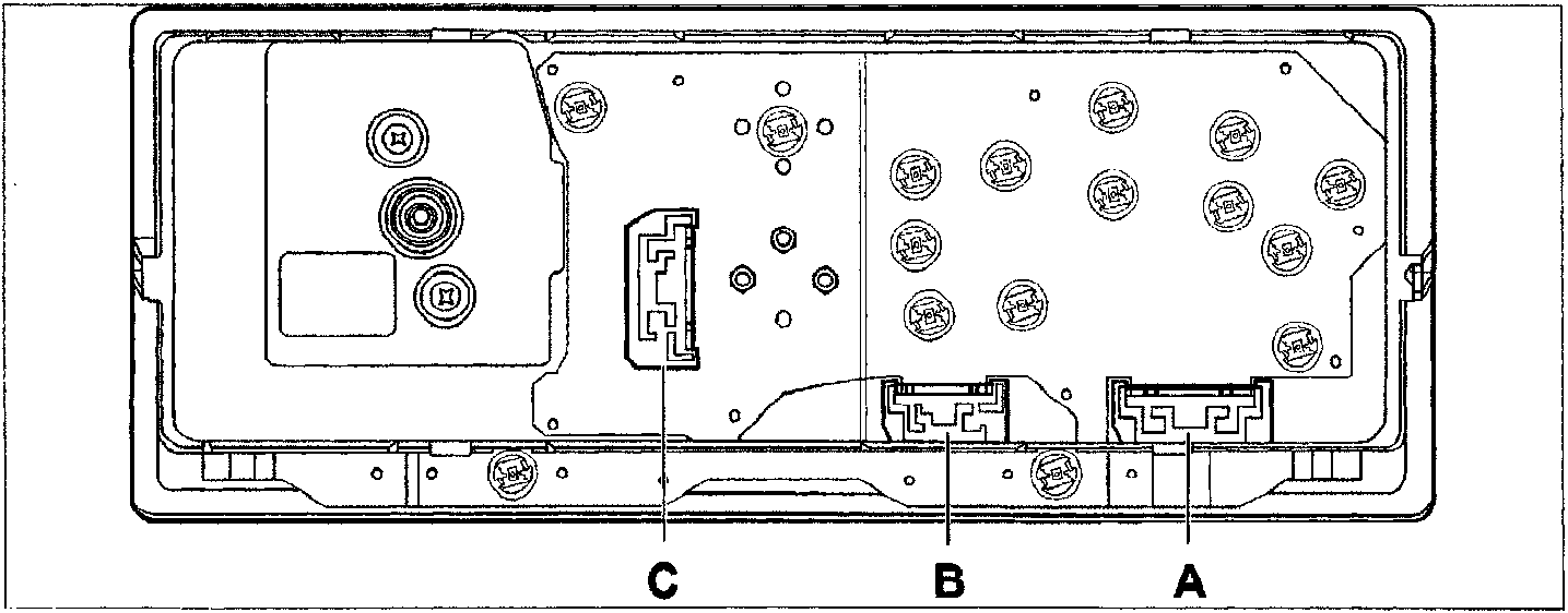 Rear view of the instrument panel showing three connectors labeled C, B, and A along the bottom edge.