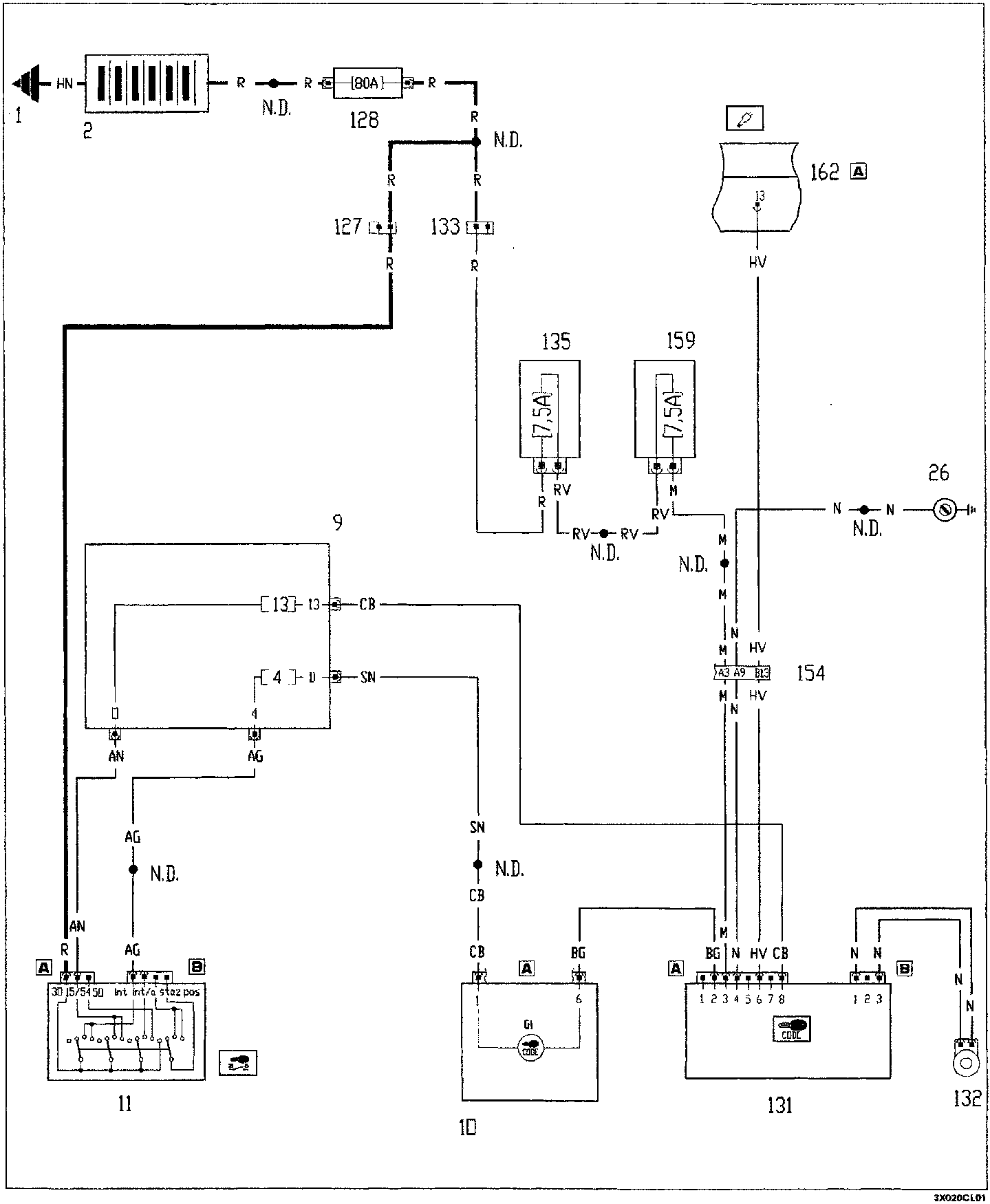 Fiat Code wiring diagram showing electrical connections including components 1, 2, 9, 10, 11, 127, 128, 130, 131, 132, 133, 135, 154, 159, and 162 with wire color codes and connector details.