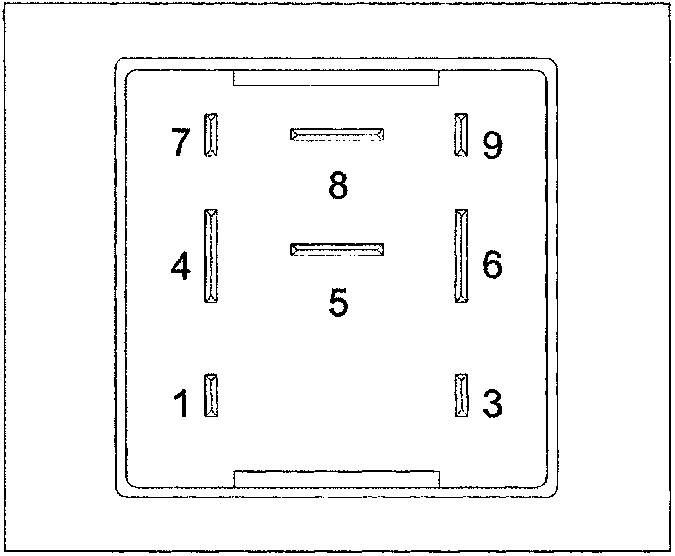 Diagram of the rear fog lamp control unit connector showing pin layout numbered 1 through 9.