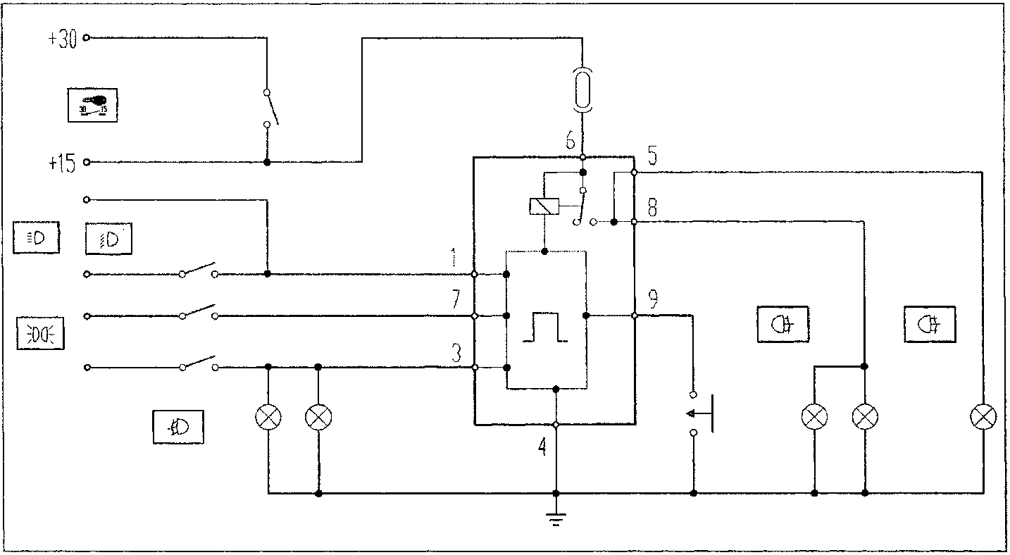 Schematic wiring diagram of the rear fog lamp control unit connections showing power inputs, switches, and outputs to lamps and ground.