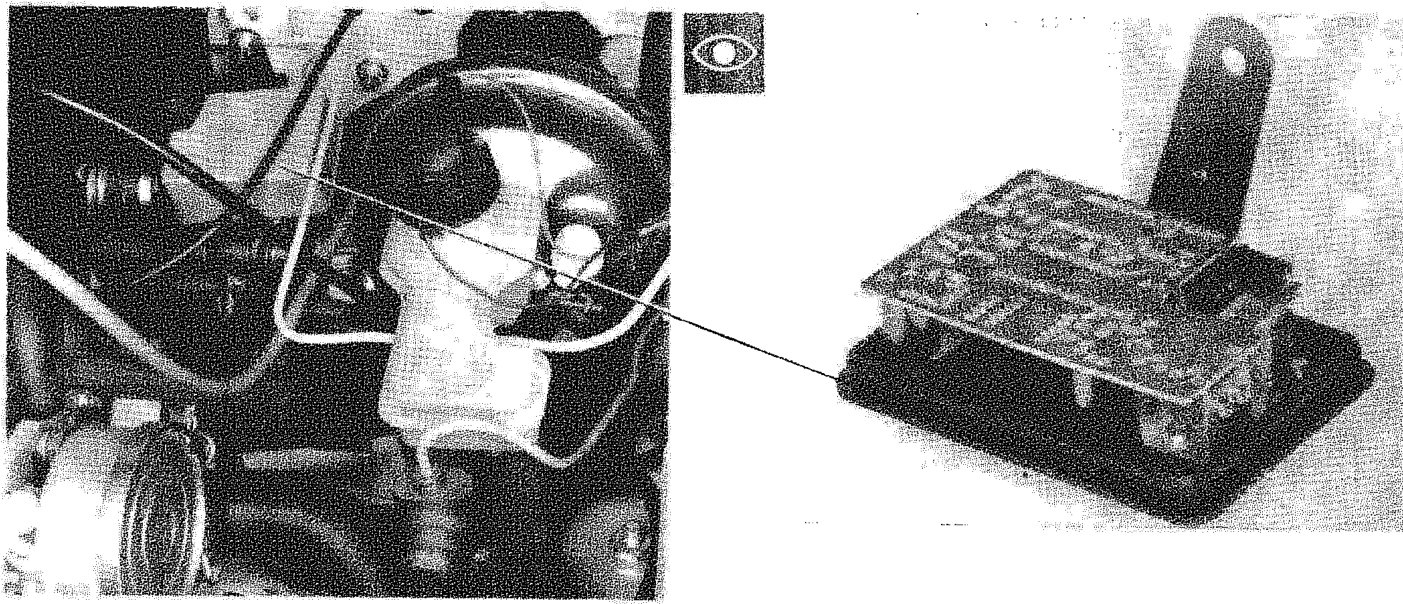 Two images: on the left, the location of the pre-heating device in the engine compartment; on the right, the pre-heating control unit with its cover removed showing the circuit board.