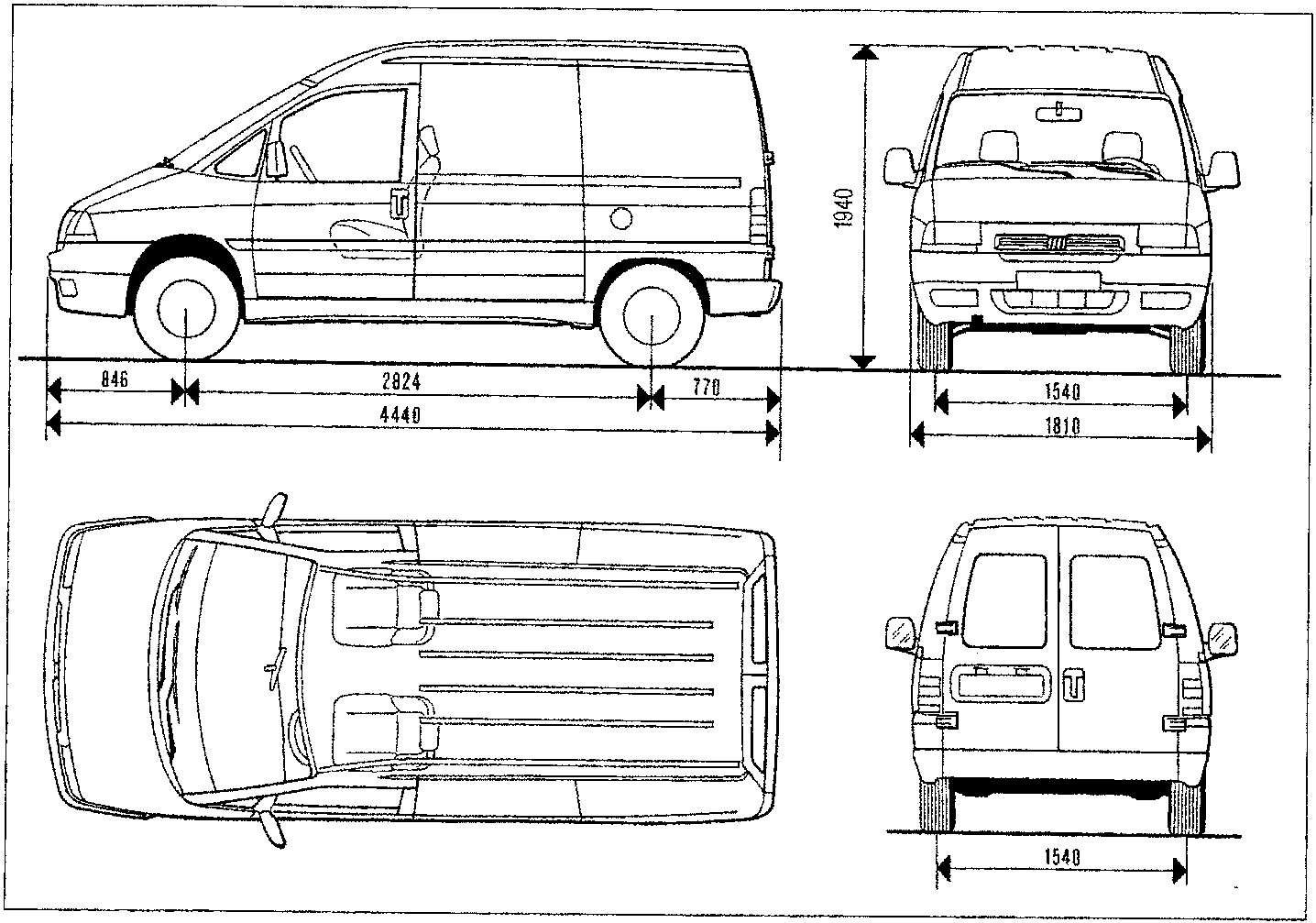 Technical drawing showing side, front, top and rear views of a Scudo van with dimension lines indicating measurements in millimeters including overall length, wheelbase, width, height and track widths.