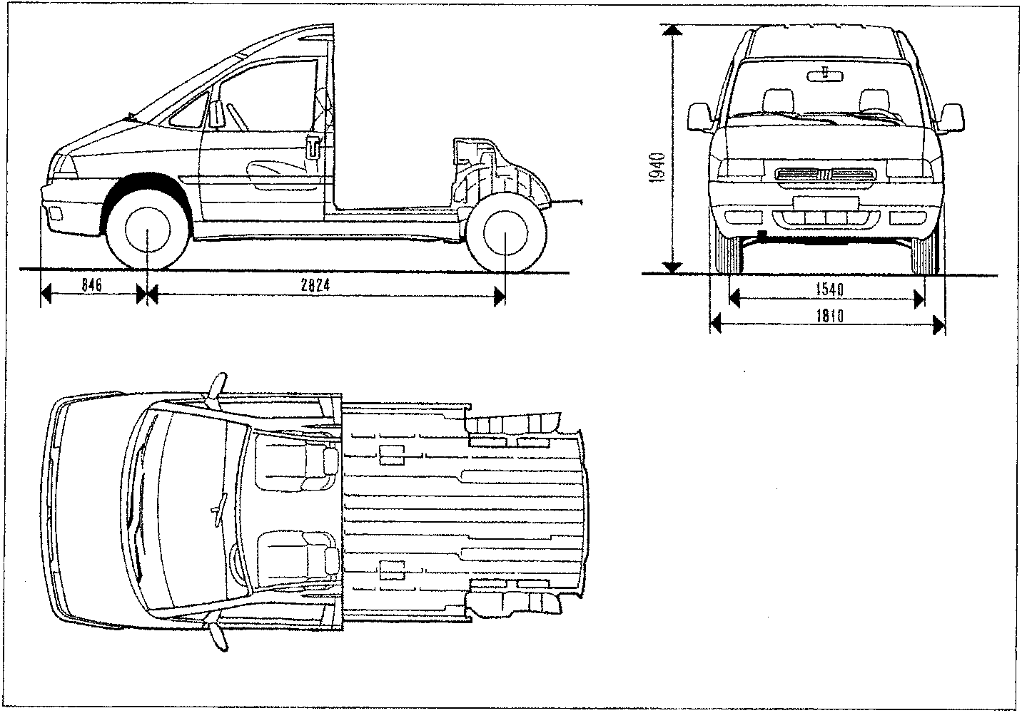 Technical drawing of cabin version with platform showing side, front, and top views with dimensions 846, 2824, 1940, 1540, 1810
