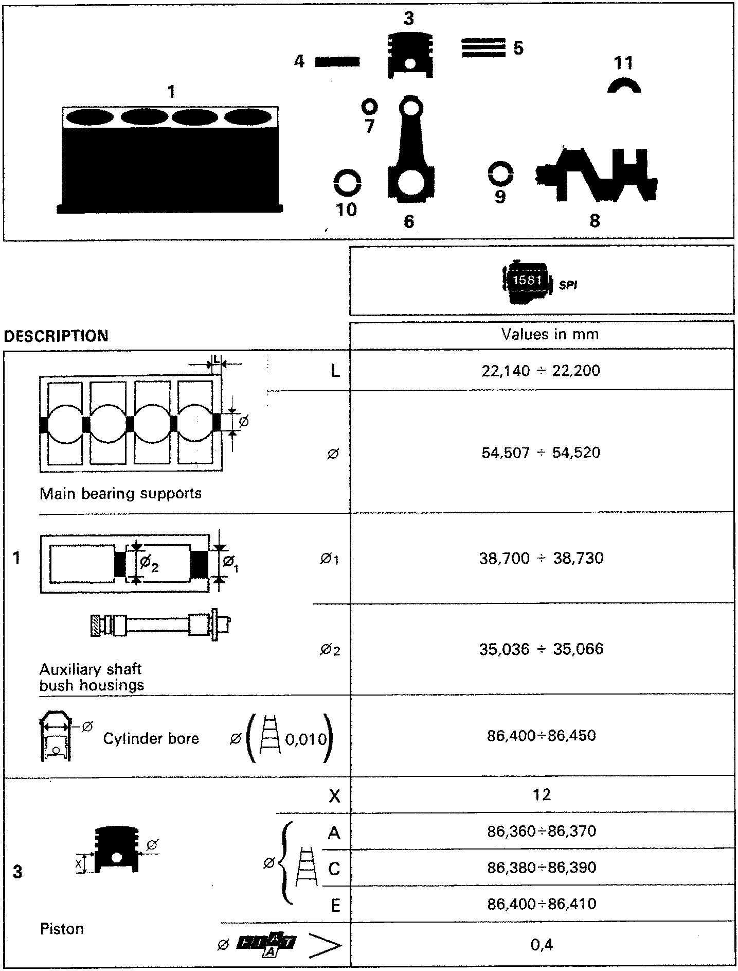 Diagram of engine components including cylinder block, piston, connecting rod, crankshaft, and auxiliary shaft with numbered callouts 1 through 11