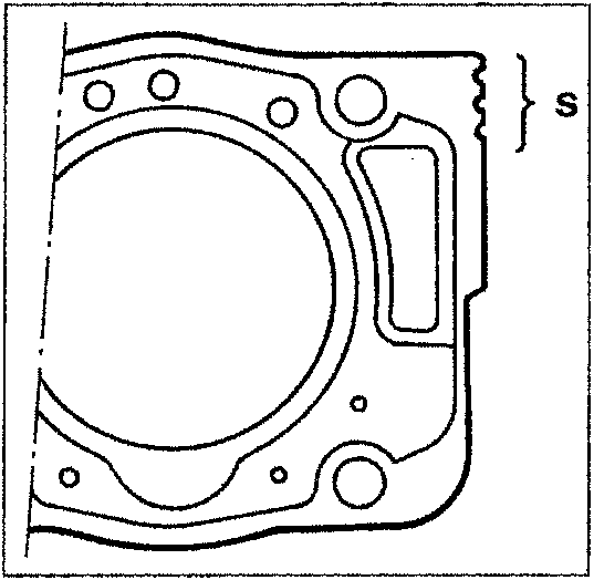 Cylinder head gasket diagram for 1905 D engine showing shim reference notches (S) and engine reference (A)