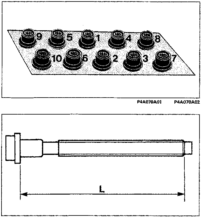 Diagram showing order for tightening bolts fixing cylinder head to crankcase, with bolts numbered 1 through 10 in a specific sequence. Below is a diagram of a bolt with length L indicated.