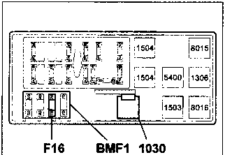 Fuse box layout diagram showing fuses labeled 1504, 8015, 5400, 1306, 1503, 8016 and connectors F16, BMF1, 1030