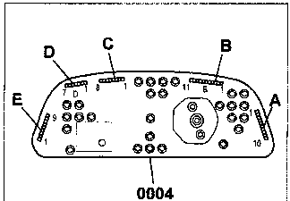 Connector pinout diagram labeled D, C, B, A, E with pin numbers and label 0004
