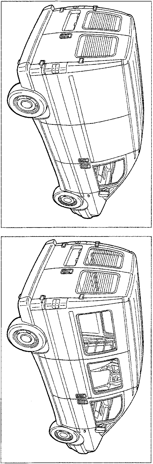 Line drawing of a plated version van viewed from above and rear-left