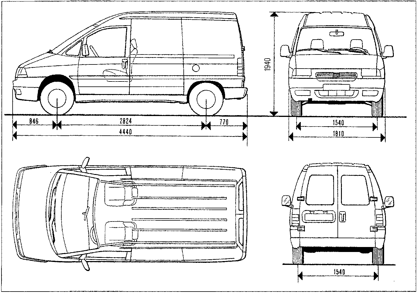Technical line drawing of a van showing side, front, top, and rear views with dimension lines indicating measurements in millimeters.