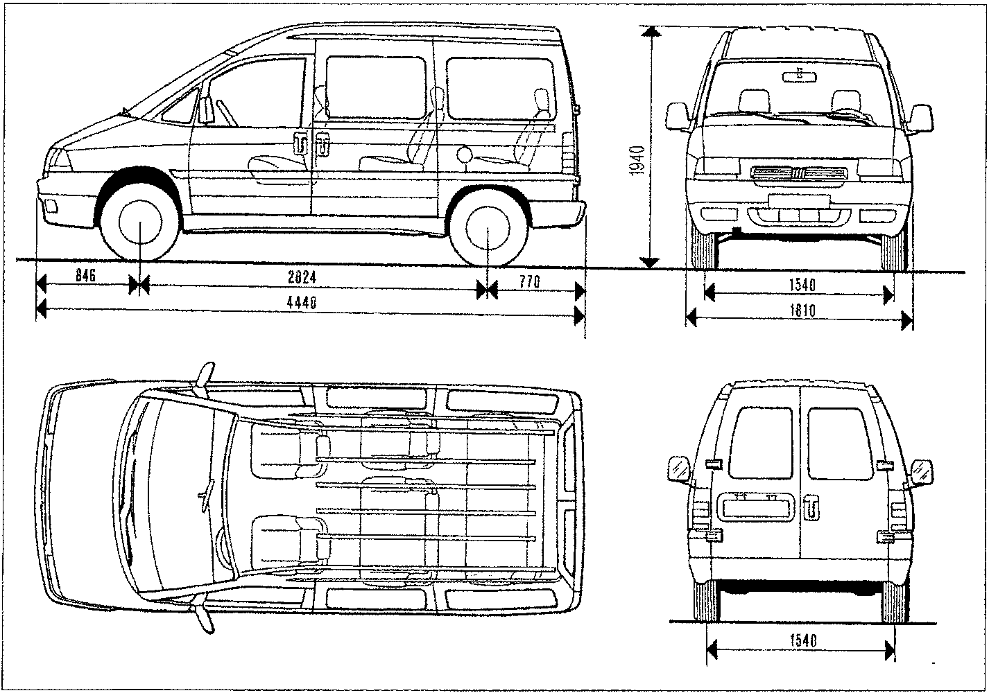 Technical line drawing of the Combi vehicle showing side, front, top and rear views with dimension lines indicating measurements in millimeters (e.g., 4440, 1940, 1810, 1540, 846, 2824, 770).