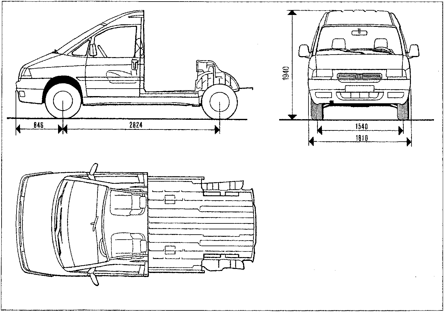 Technical line drawing of a Scudo chassis cab from side, front, and top views with dimension lines indicating measurements in millimeters.