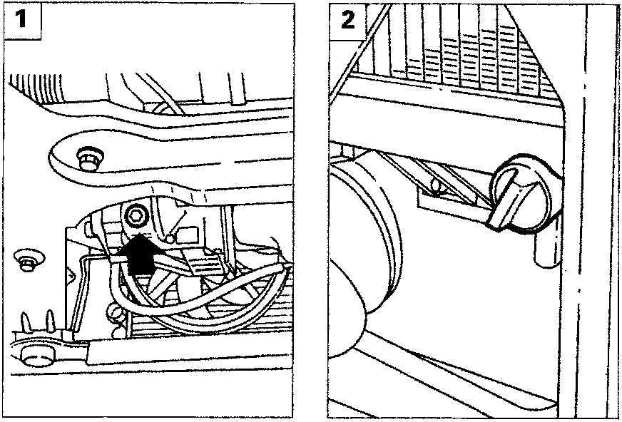 Diagram showing front suspension and battery area with callout numbers 1 and 2