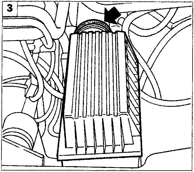 Close up of air filter housing and intake pipe with arrow callout